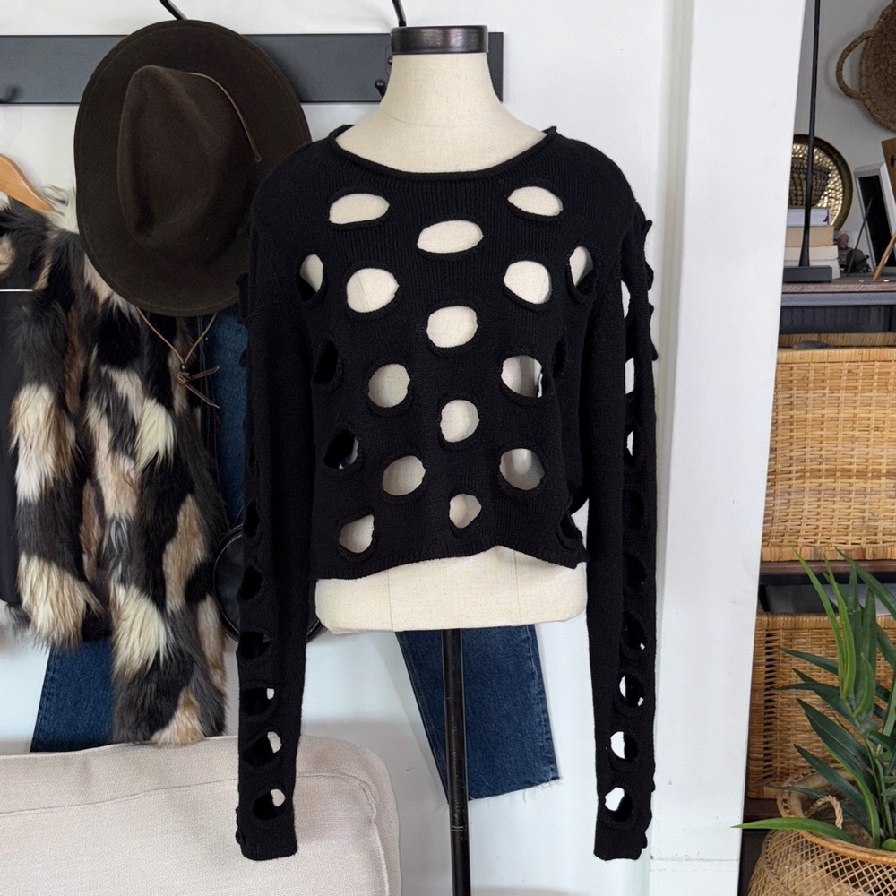 Social collision Stylish Black Cut-Out Sweater